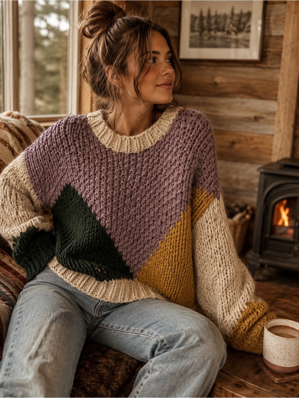 Boutique Colorblock chunky boho Artisan inspired knit Crewneck Sweater